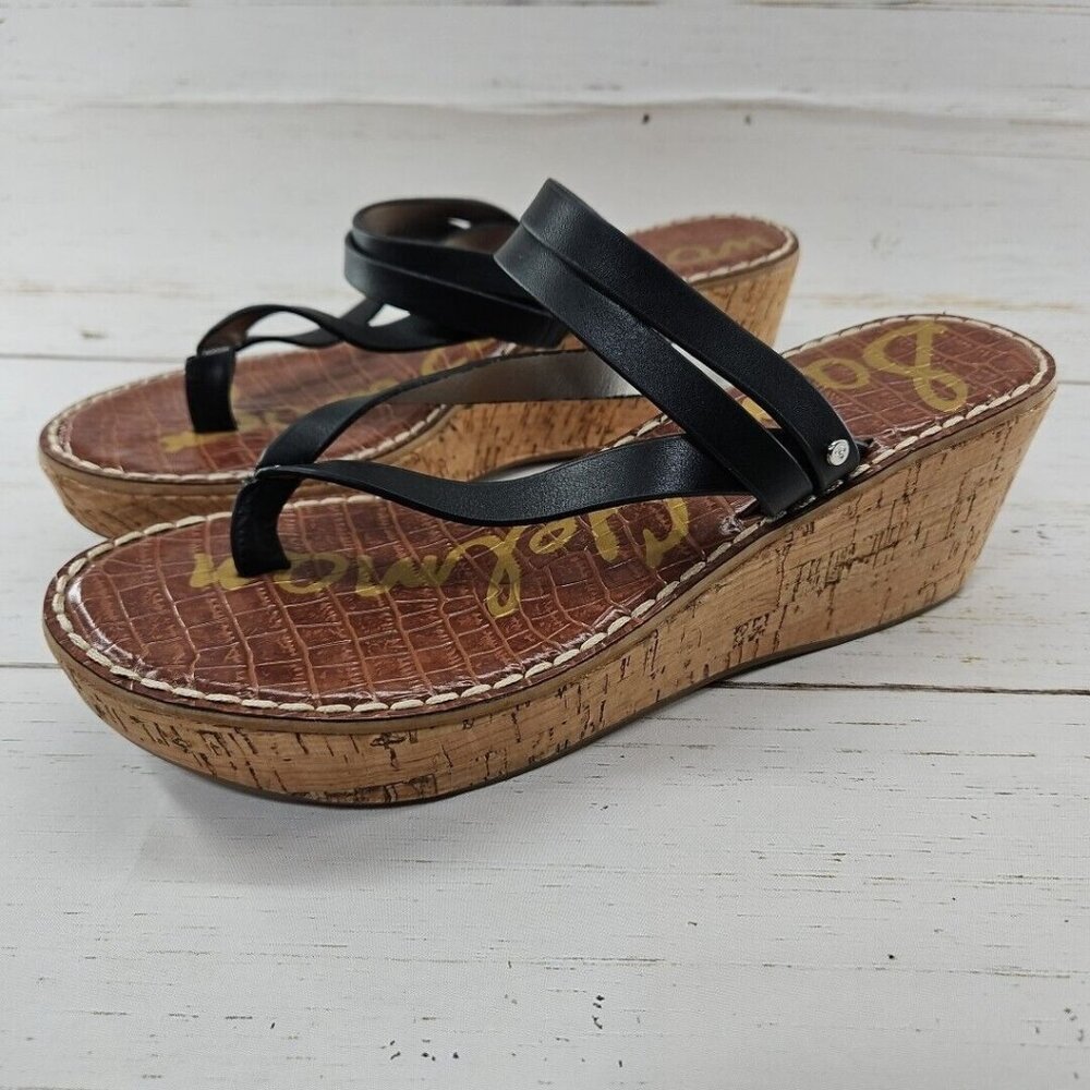 Sam Edelman Sandals Womens 11 Black Rasha Comfort Strappy Cork Wedge‎ Slip On